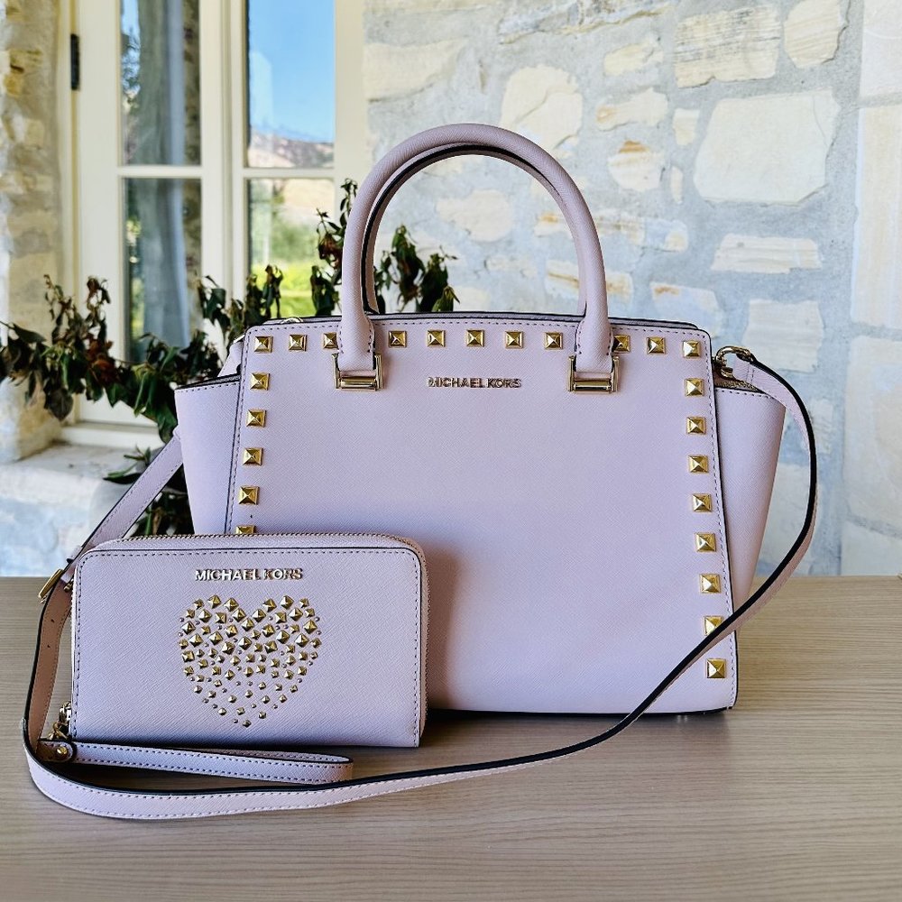 MICHAEL KORS SELMA MD Studded TZ Satchel/ Large Flat MF PHN Case Leather Ballet